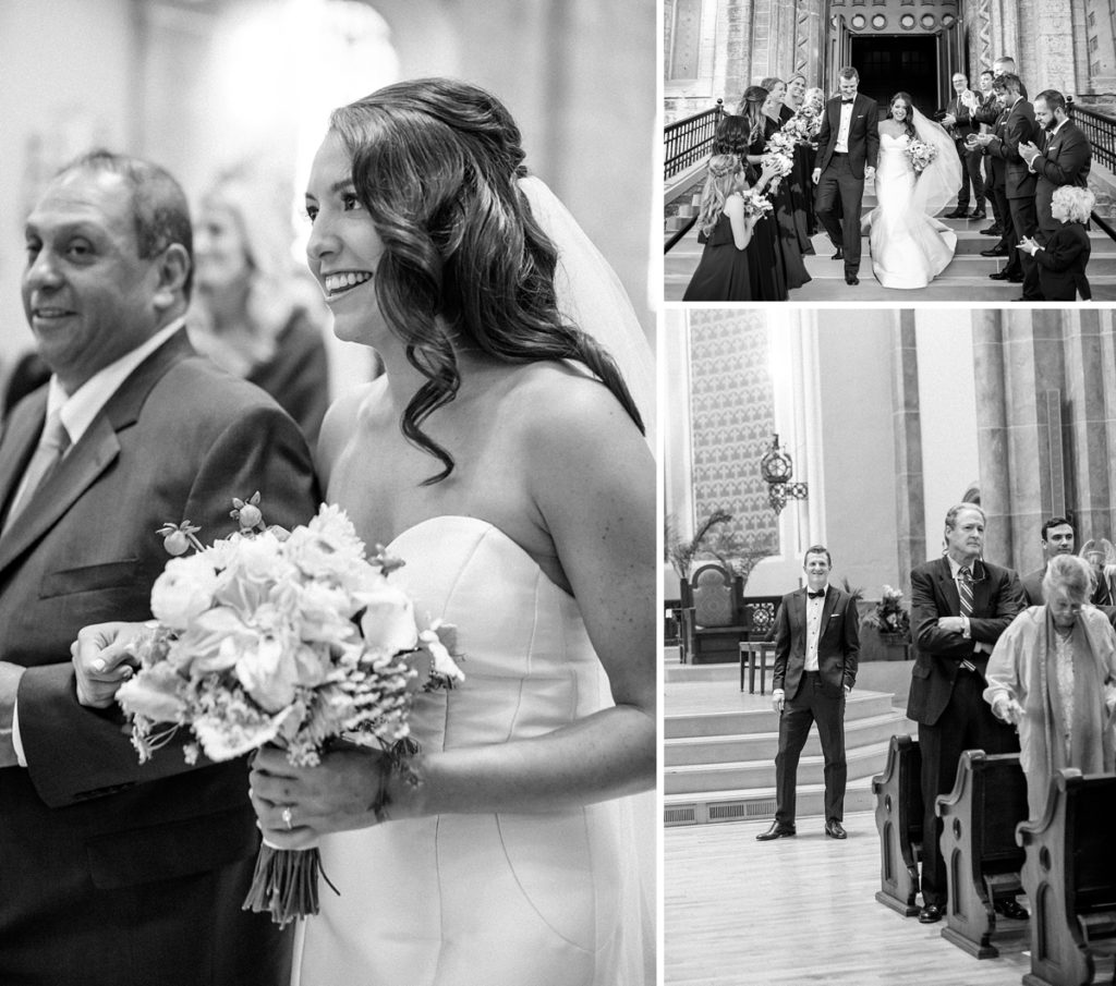 Bride walking down the aisle with her father. Groom watching bride walk down the aisle. Bride and Groom walking down steps of Church of Assumption. St. Paul Wedding Photographer. 
