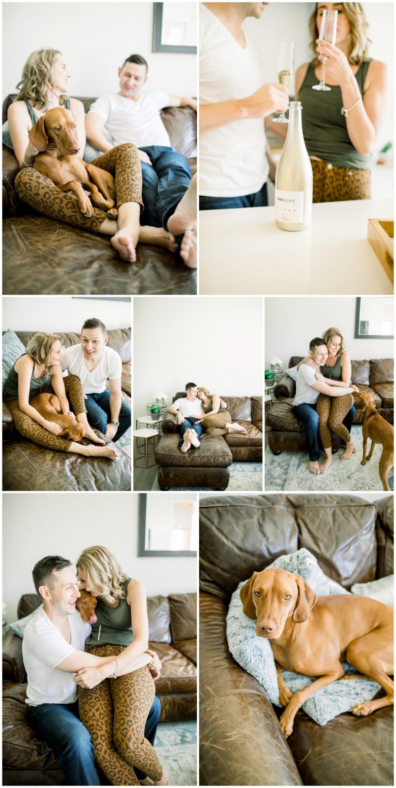 In-home engagement session with puppy and champagne.