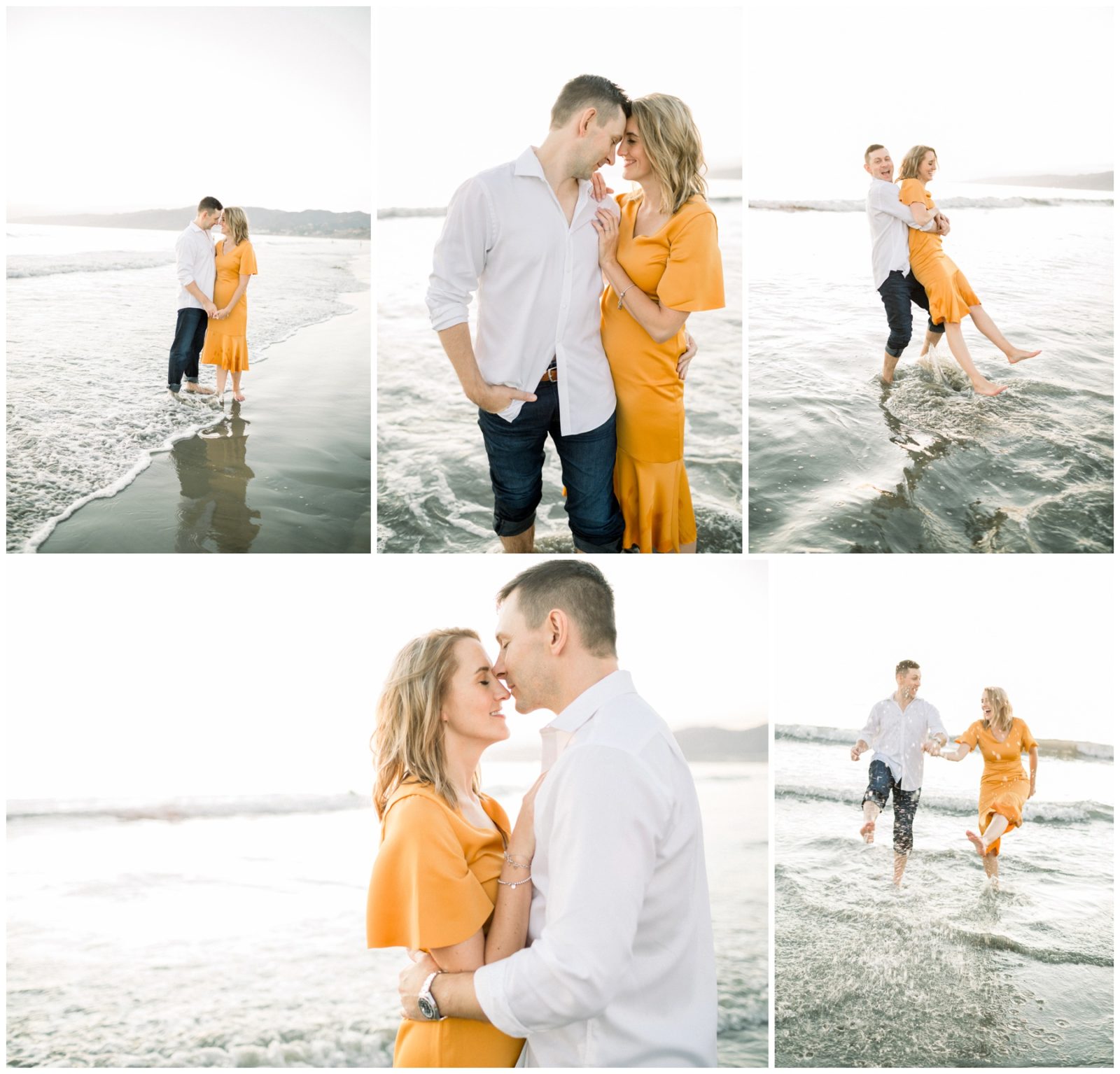 Engagement Session in Los Angeles at the beach. Couple having fun playing in the ocean. 