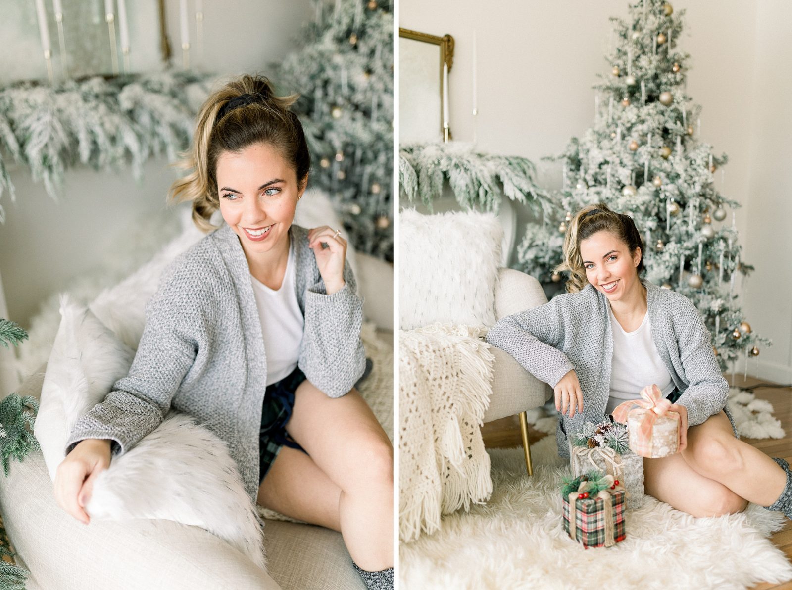 Woman sitting on a living room holding gifts and living room has Christmas decorations.