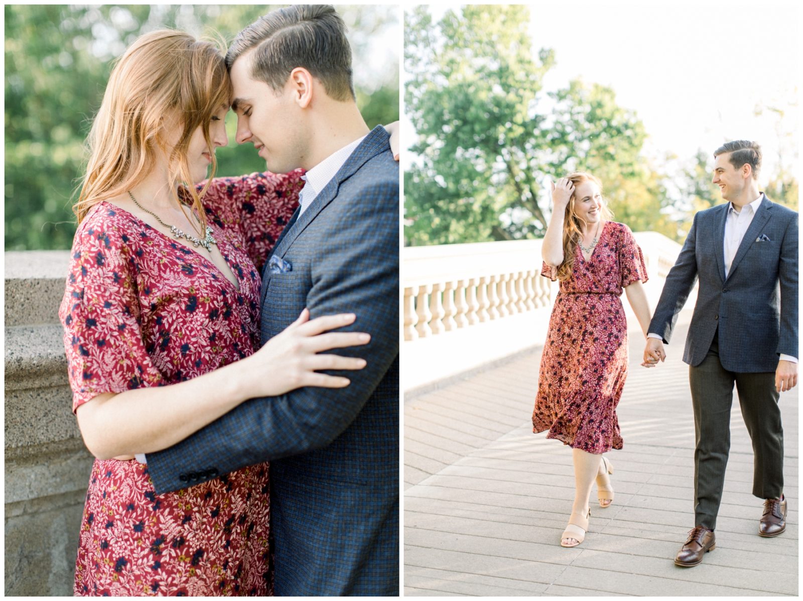 Woman wearing a dress and man wearing a suit for their engagement session