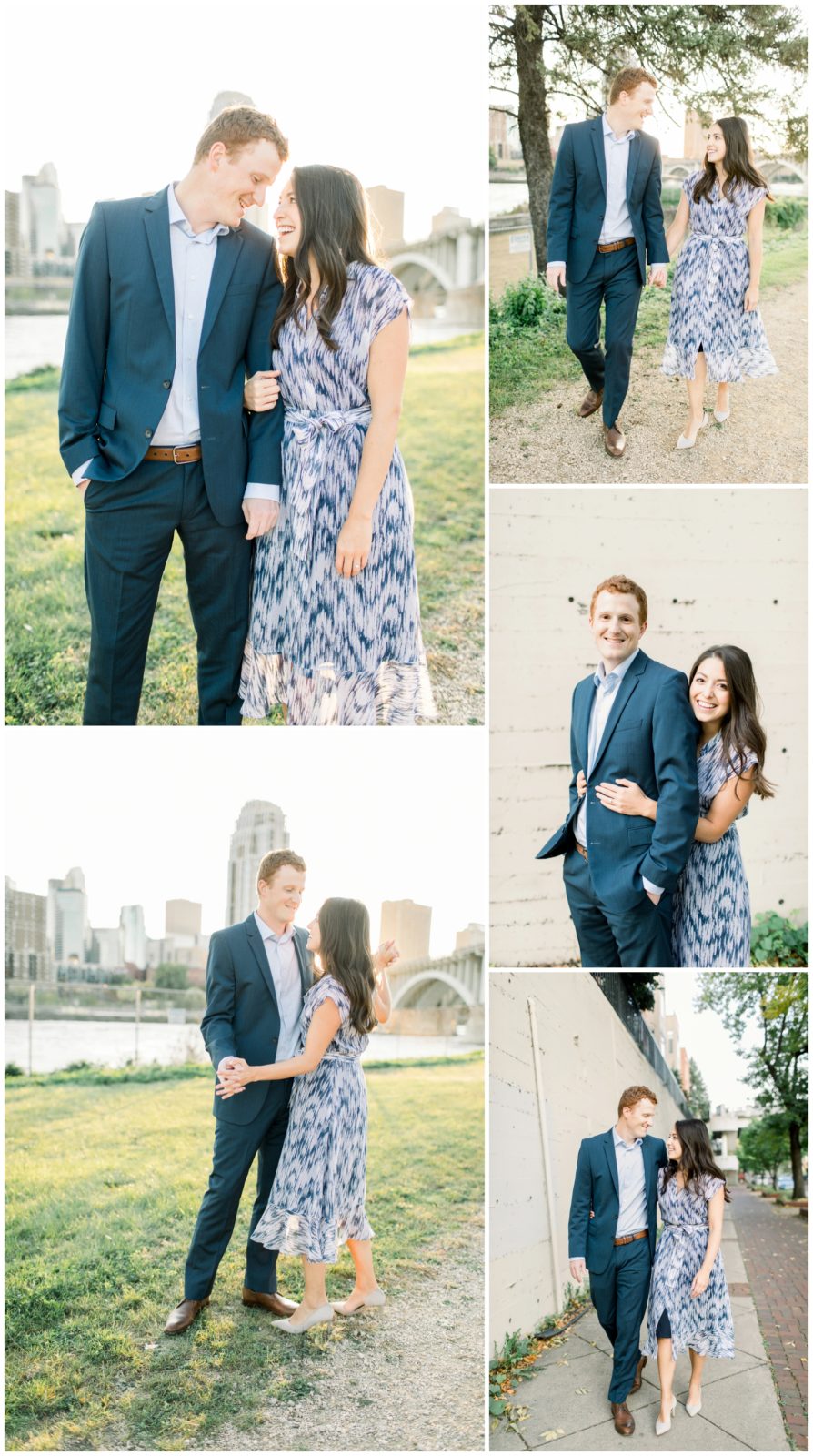 St. Anthony Main Engagement Photos with a couple wearing stylish clothes in blue tones. 