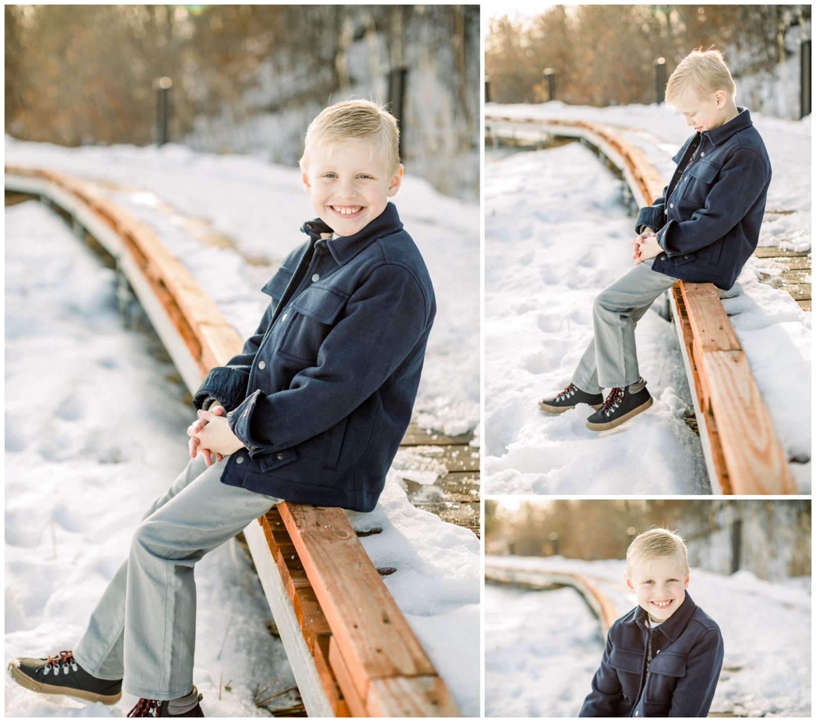 Pictures of a boy smiling in the snow.