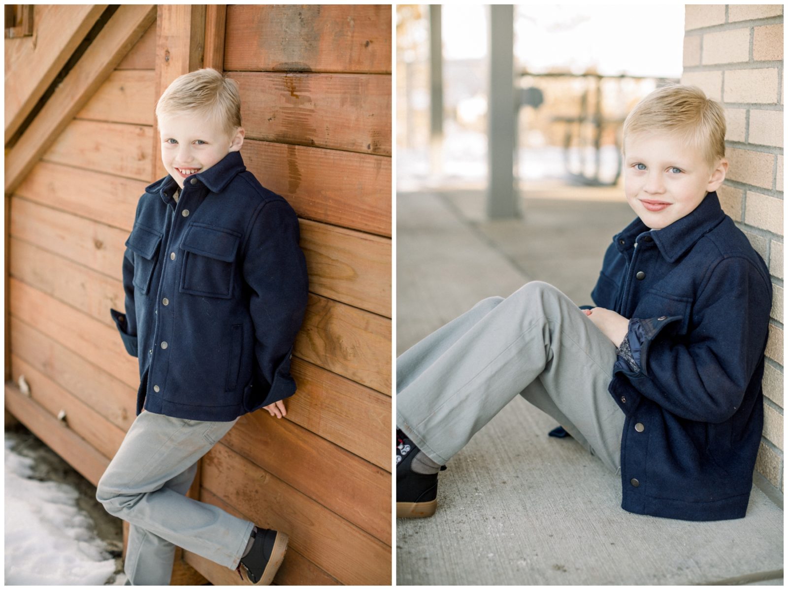 Boy making poses and smiling for pictures. There's snow and the weather seems cold.
