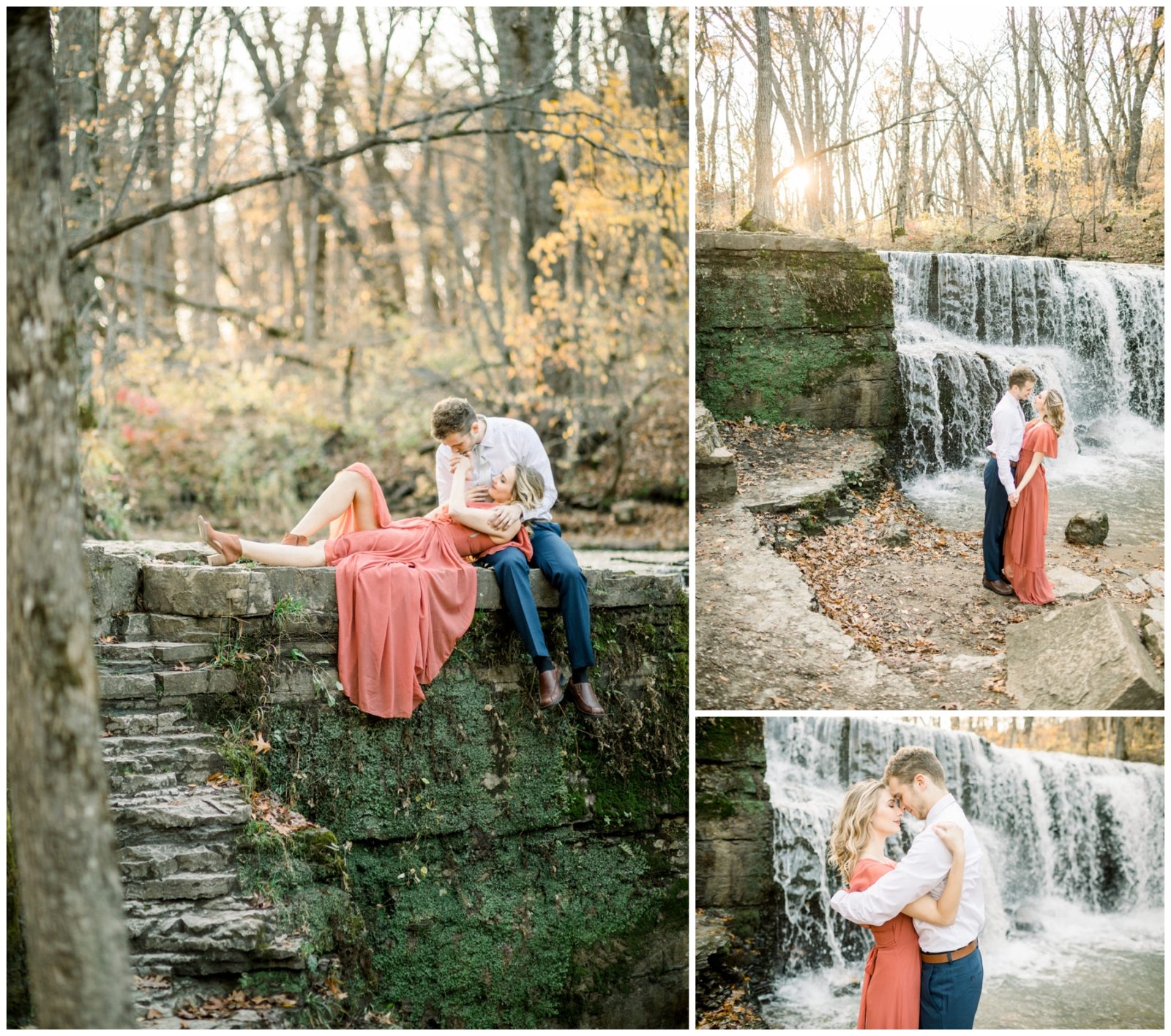 Composition of three photos. First photo shows a couple. He's sitting on a rock and she's laying down on his lap. On the second photo they are kissing each other and holding hands. There's a waterfall in the back. On the third photo they are hugging each other, their foreheads are touching. There's a waterfall in the back.