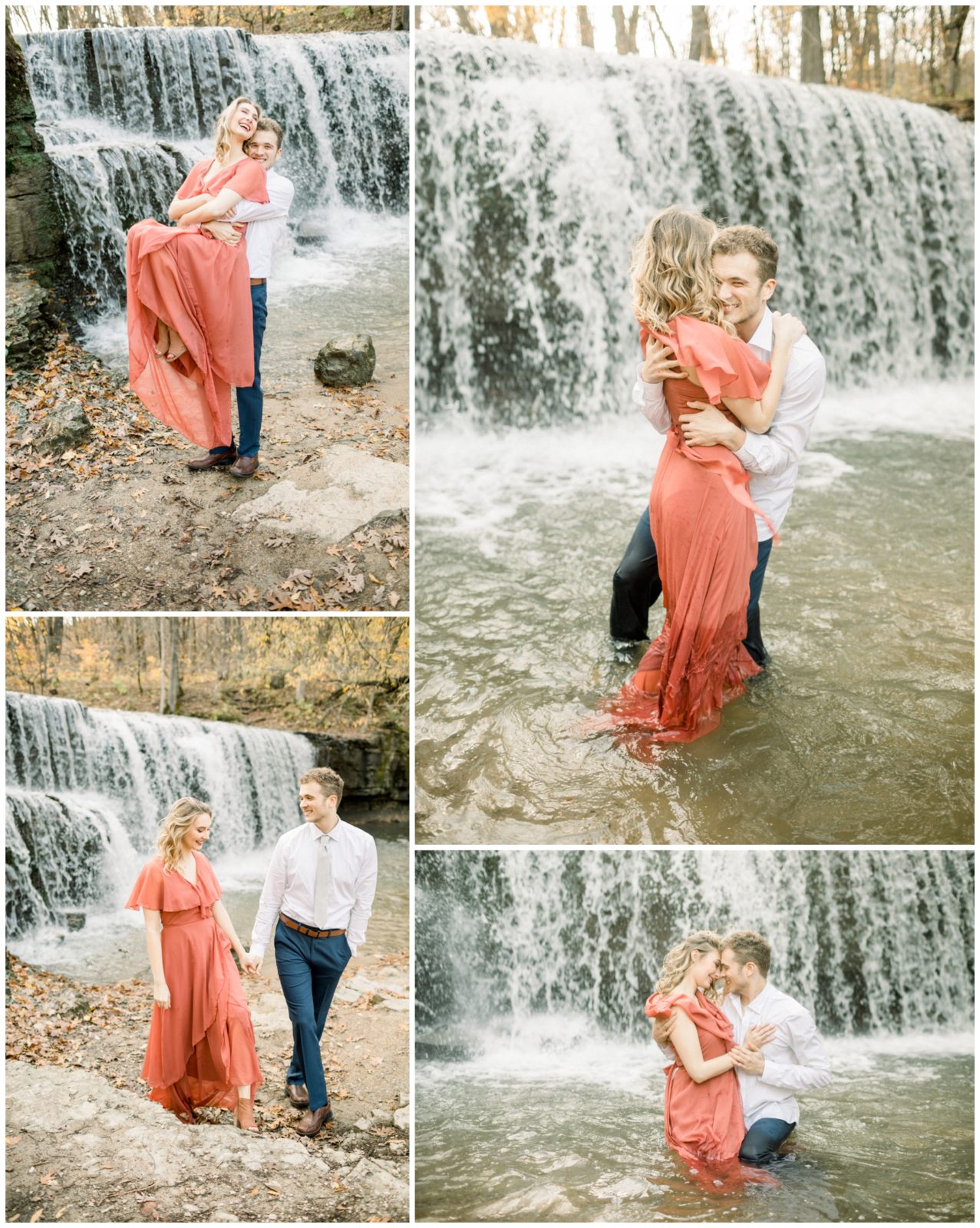 Composition of four photos. First photo shows a couple. He's holding her up and her feet are not touching the ground. There are leafs on the ground. On the second photo they are inside  the water, hugging, and there's a waterfall behind. On the third photo they are holding hands, side by side, leafs on the ground and a waterfall behind. The fourth photo they are inside the water, waterfall behind them. They are holding each other and she's placing her hand on his chest.