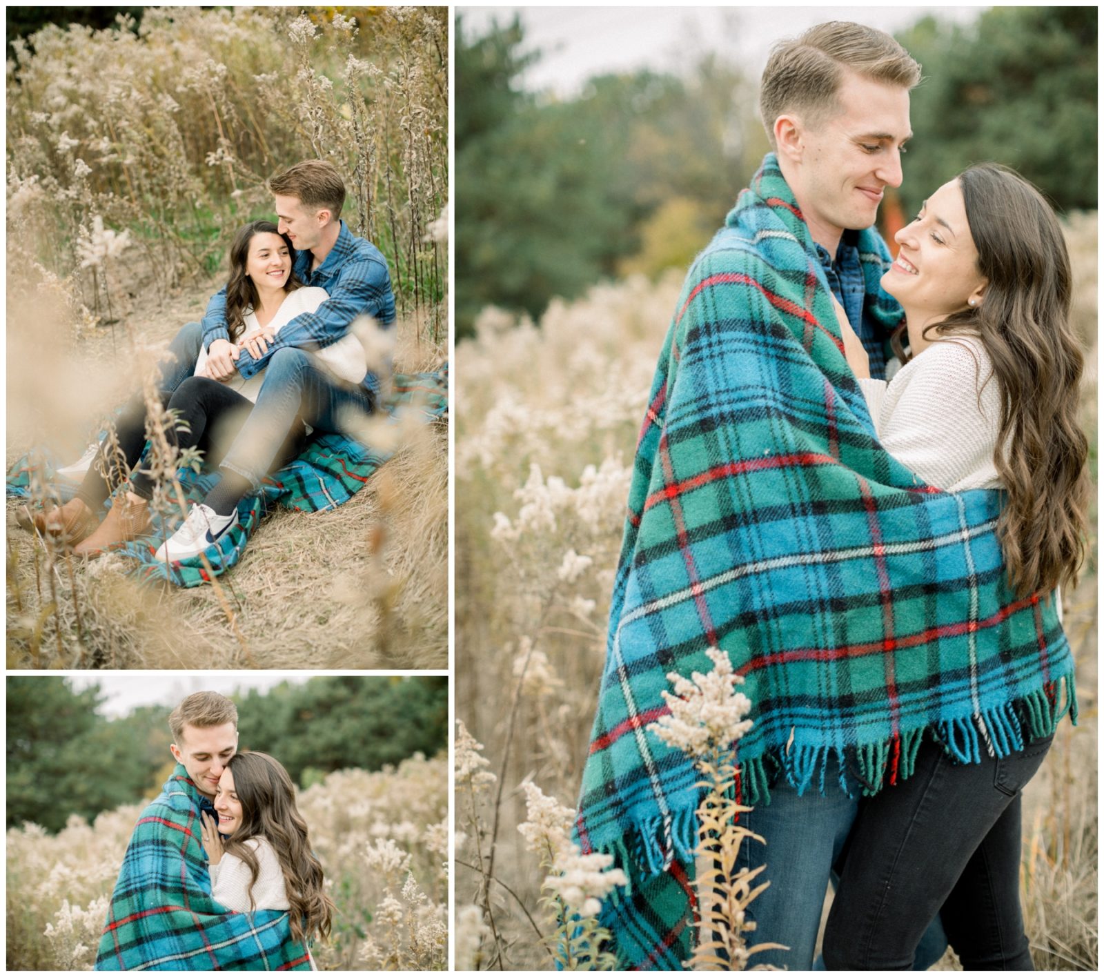 Composition of photos showing affectionate young couple together, smiling, hugging. They are on a dry flower field and are using a blanket.