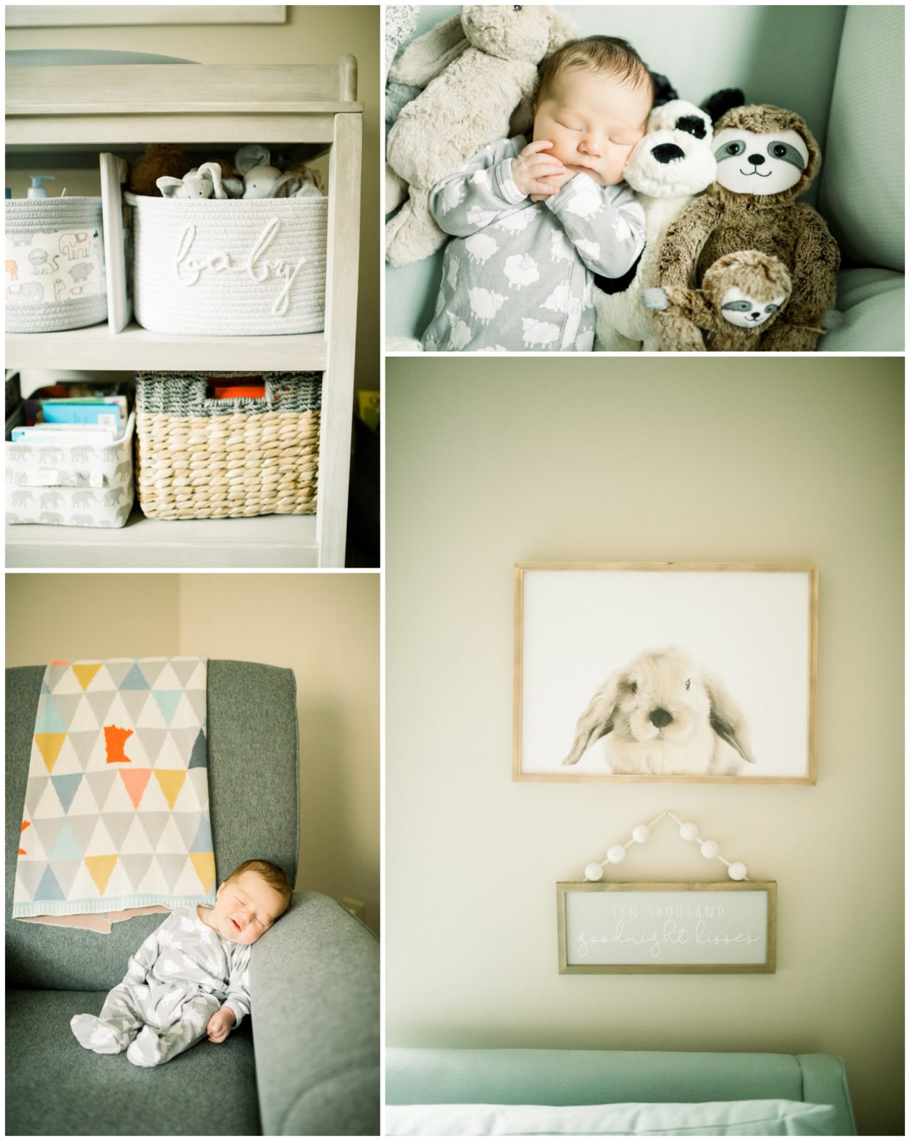 Composition of photos with newborn baby and his room.