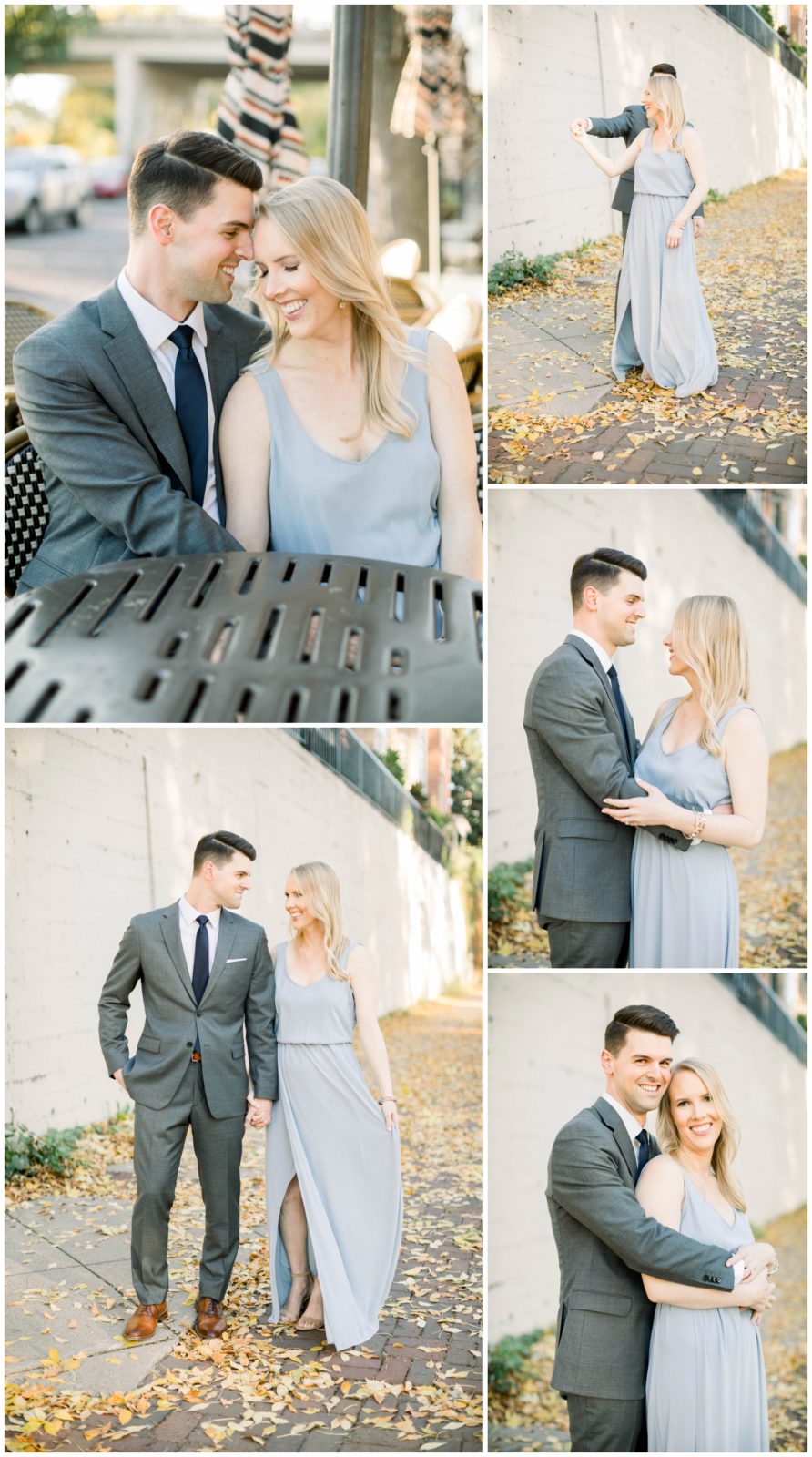 Composition of photos of a couple walking. There are leafs on the ground. They are being affectionate towards each other. There's one photo of them sitting down and smiling.