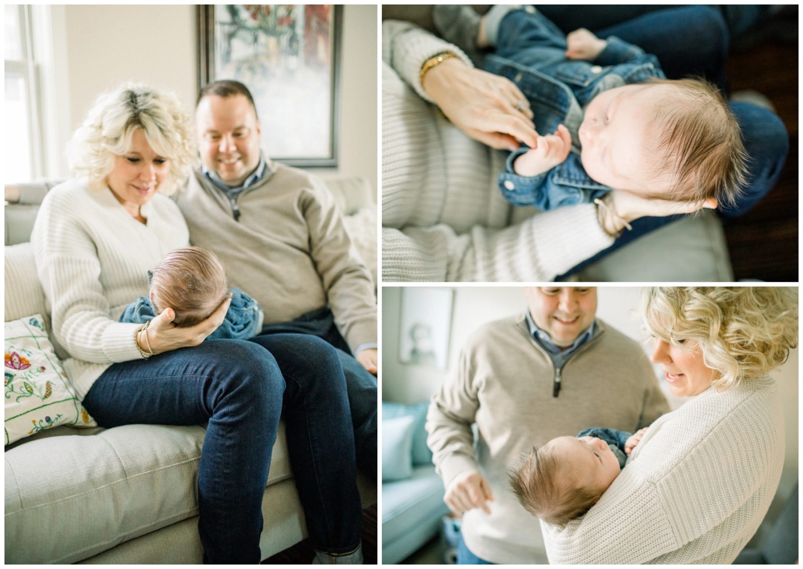 Pictures of a newborn baby with his parents.