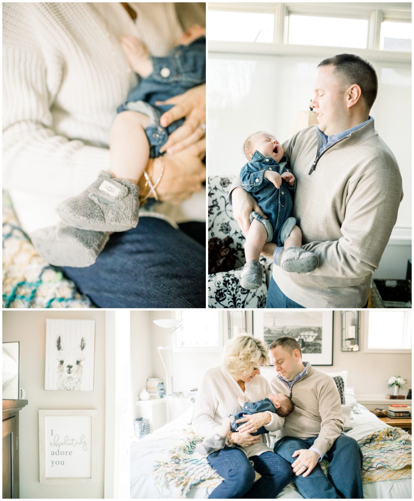 Pictures of a newborn baby with his parents.