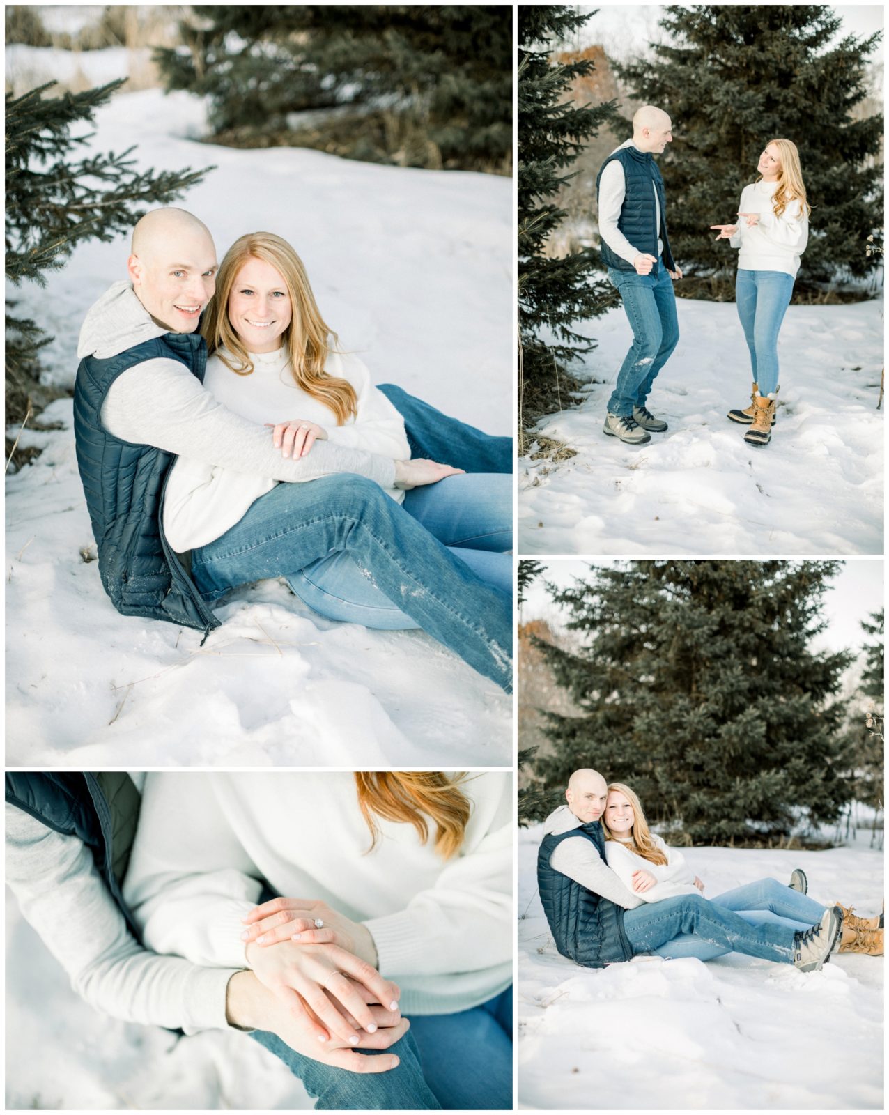 Pictures of a couple in the snow. They are smiling and showing affection towards each other.