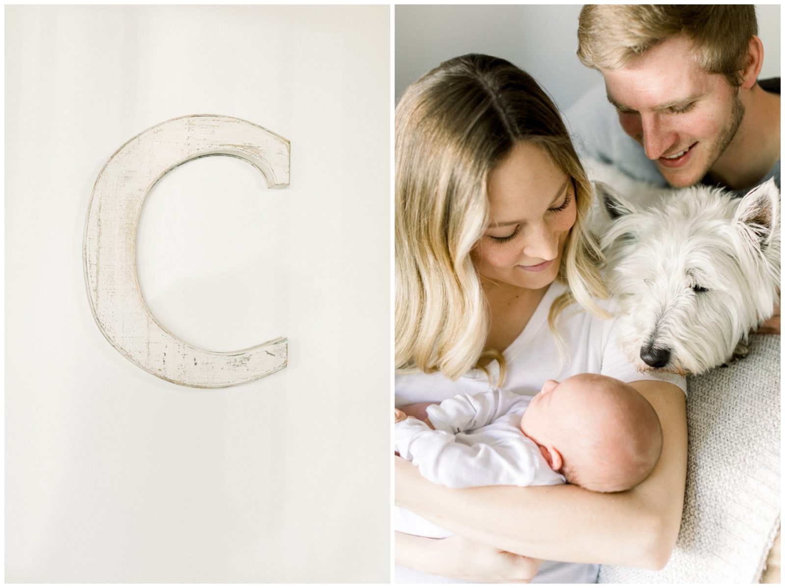 Two pictures side by side. The first one is a wall with a wooden letter C. The other picture shows a couple with a newborn baby and a white dog.