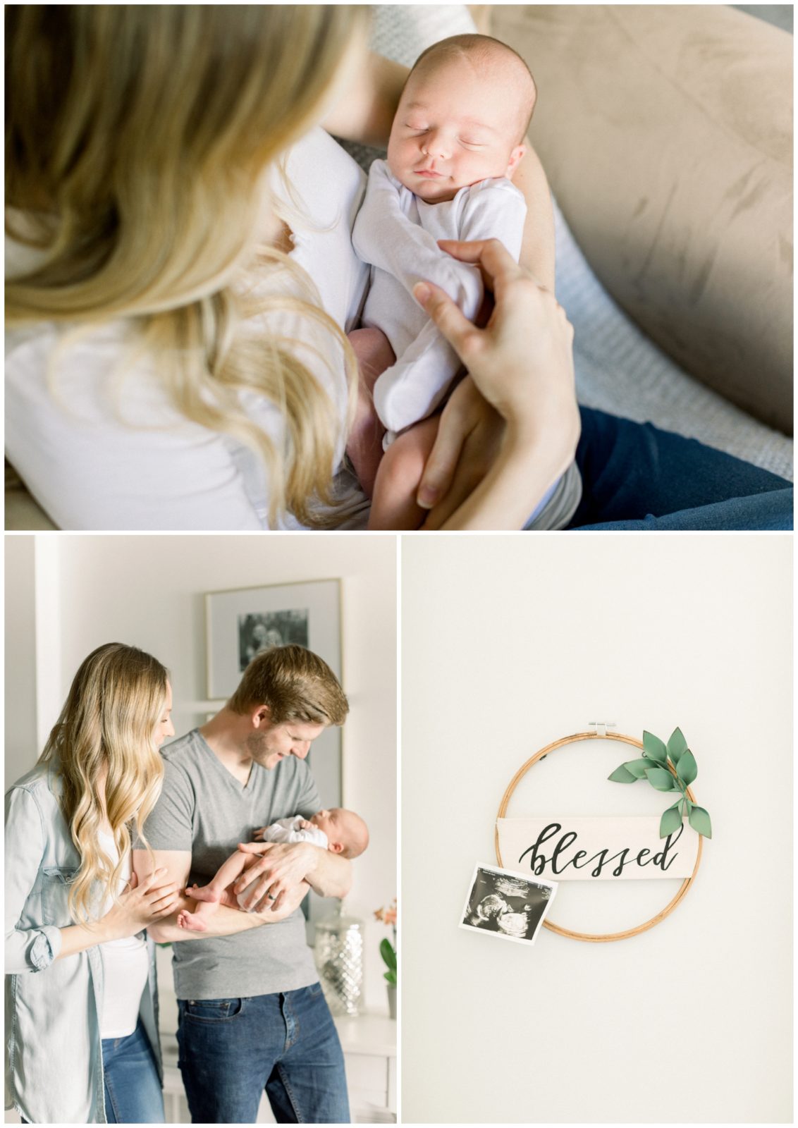 Three pictures. Two have parents holding a newborn baby and the other one has a decoration with baby’s ultrasound. 