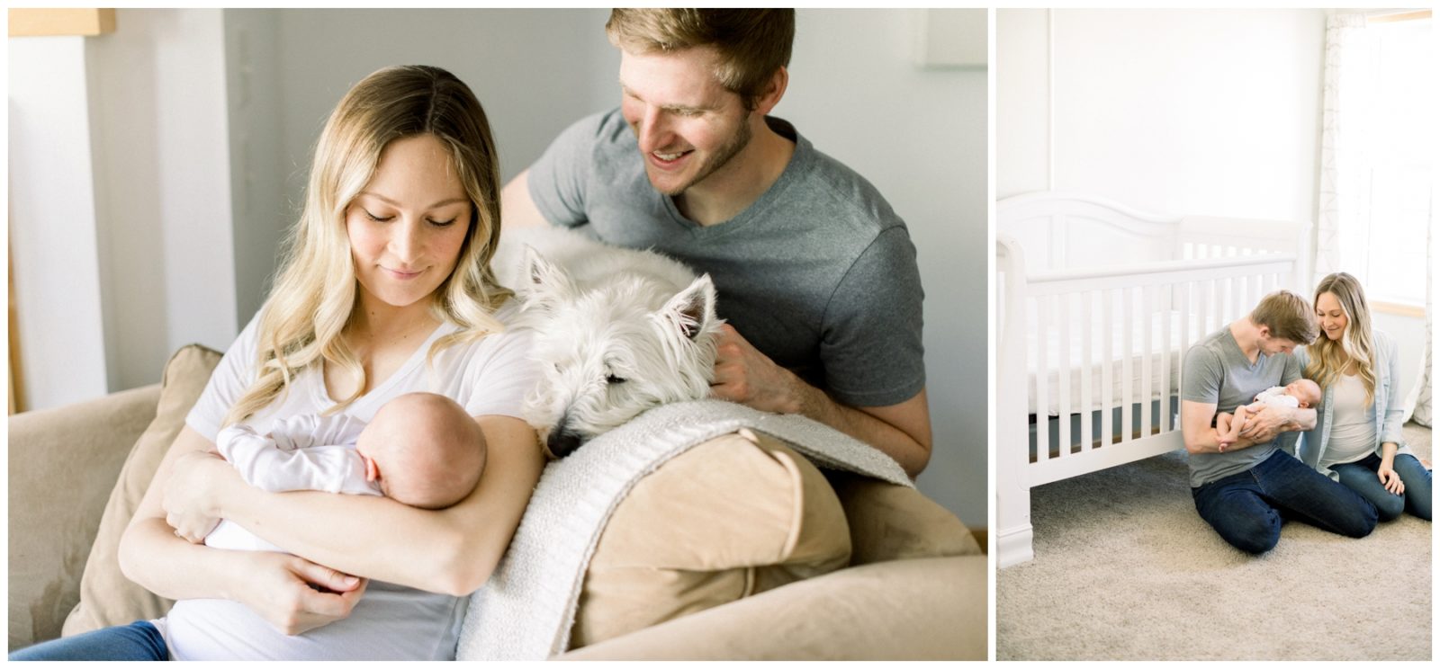 Two pictures. The first one has a man, a woman holding a baby and a dog. The second picture shows a man holding a baby and a woman by his side.
