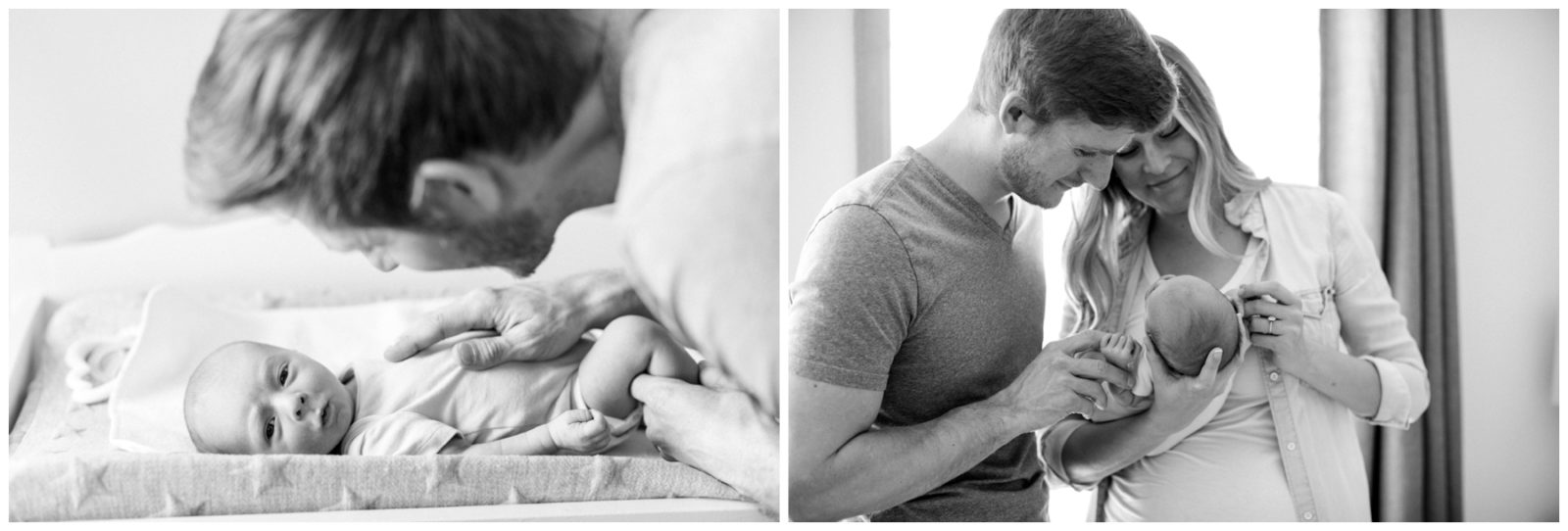 Two pictures. One shows newborn lying down and father touching his belly. The other picture shows the parents holding the newborn baby and looking and him.