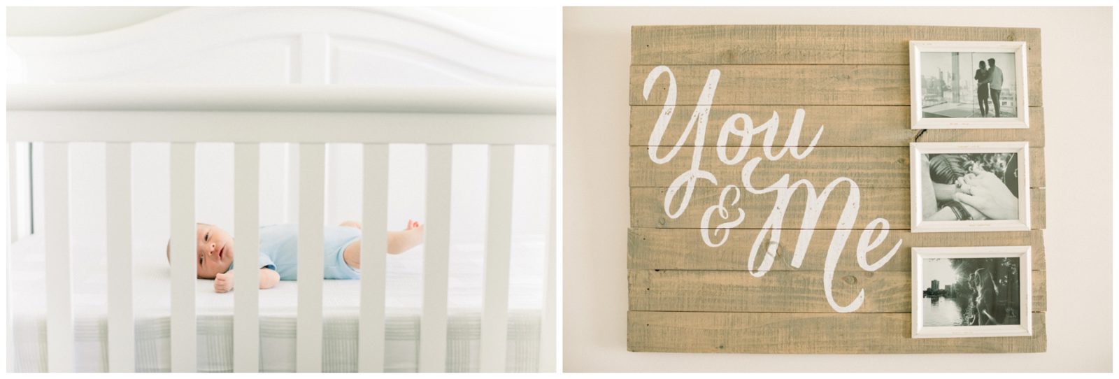Two pictures. One shows a baby lying on a crib. The other is a wooden frame with a writing and photos.