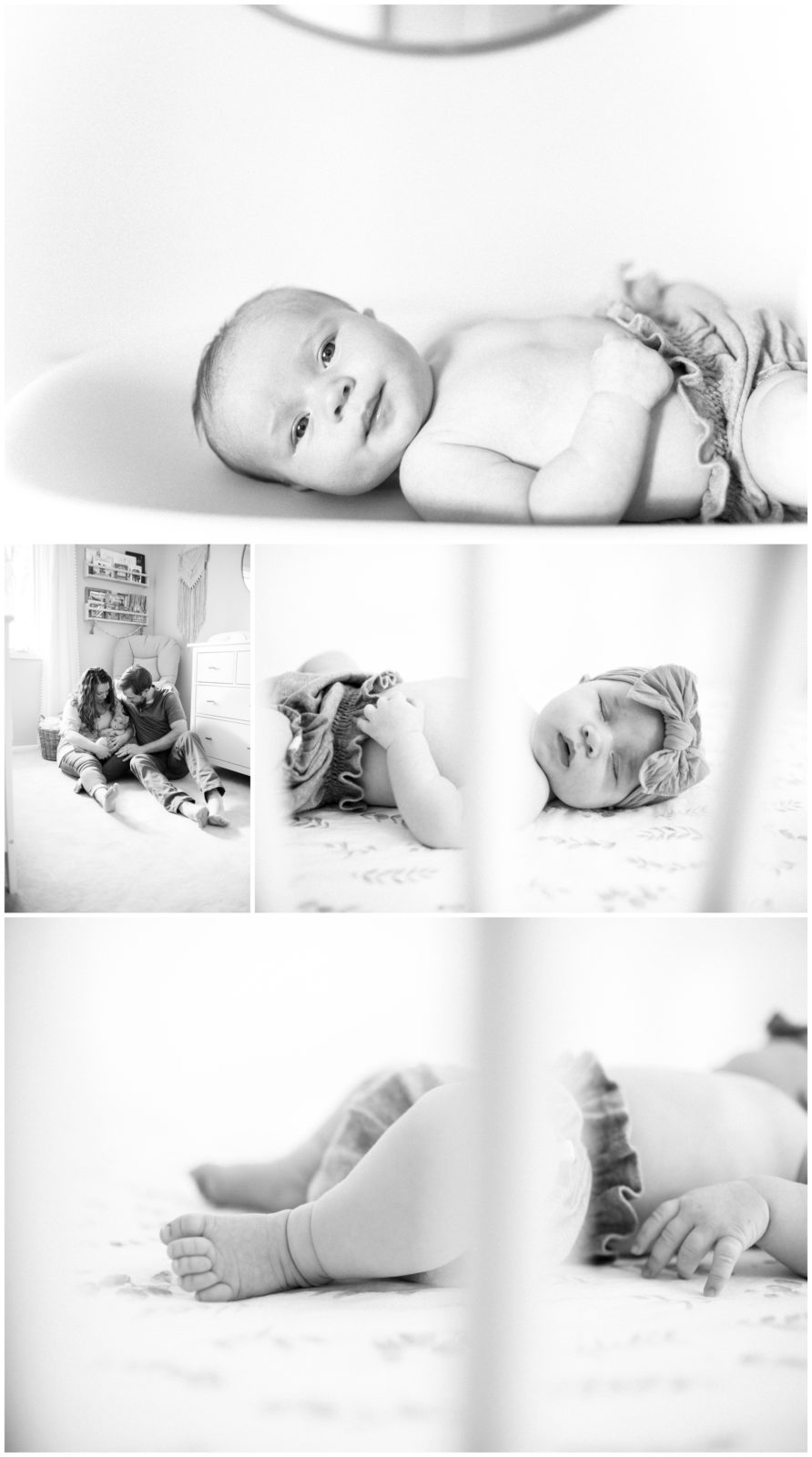 Black and white photos of baby and parents. 
