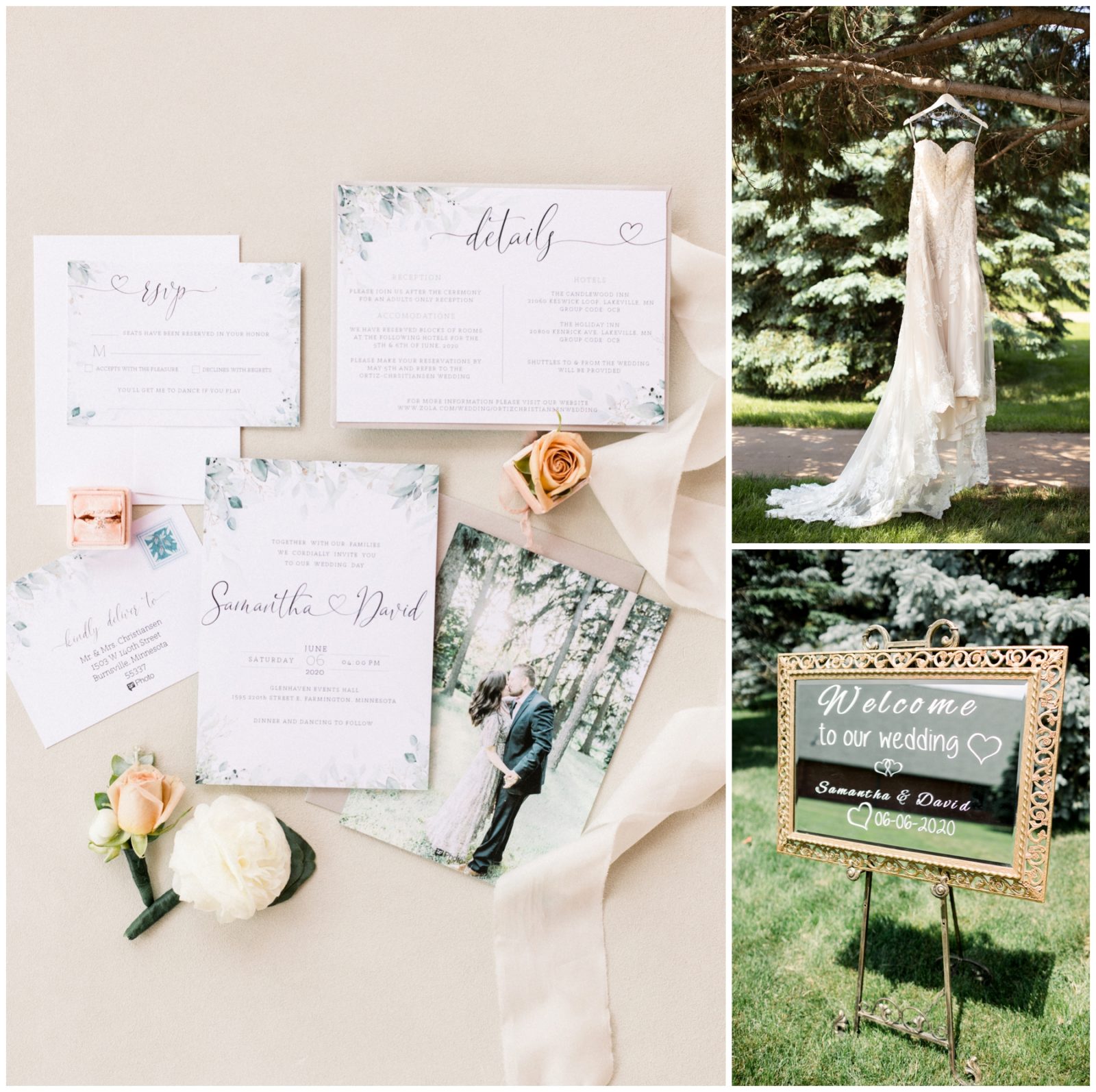 Compilation of photos showing wedidng details such as invitations, wedding dress and welcome sign with writings.