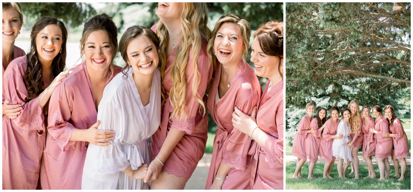 Two photos, side by side, of a bride and her bridesmaids. They are all together and laughing. She's wering white and they are wearing pink.