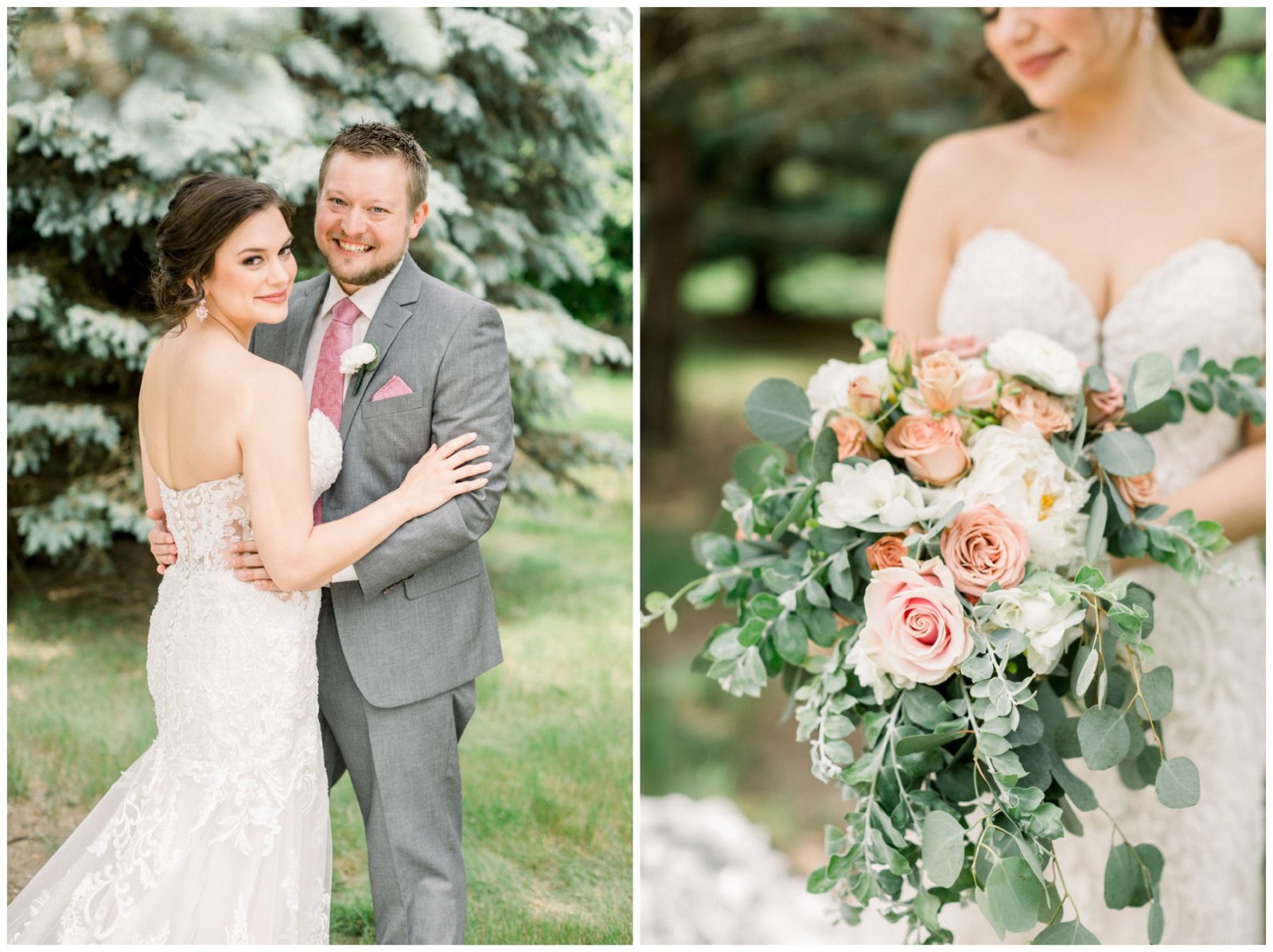 Two photos. One of the bride and groom laughing and the other one of the bride holding a flower bouquet.