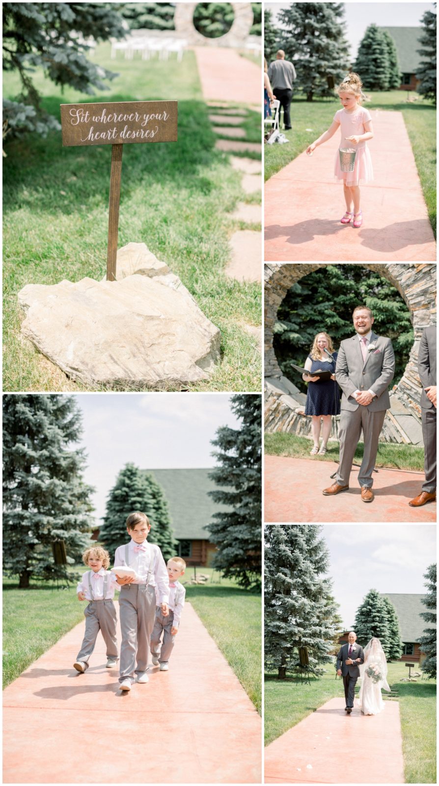 Compilation of phots. One shows a sign with writings on it. The other shows a flower girl coming down the aisle. Another photo shows the groom smiling. There also a photo of three boys and one is carrying the wedding rings. The last photo shows the bride and her father coming down the aisle.