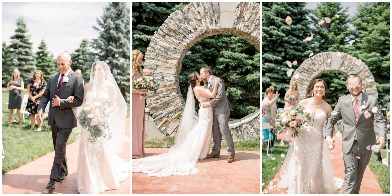 Three photos. One has the bride and her father walking down the aisle. The other shows the bride and groom kissing. The last one shows them walking and holding hands while petals are thrown at them.