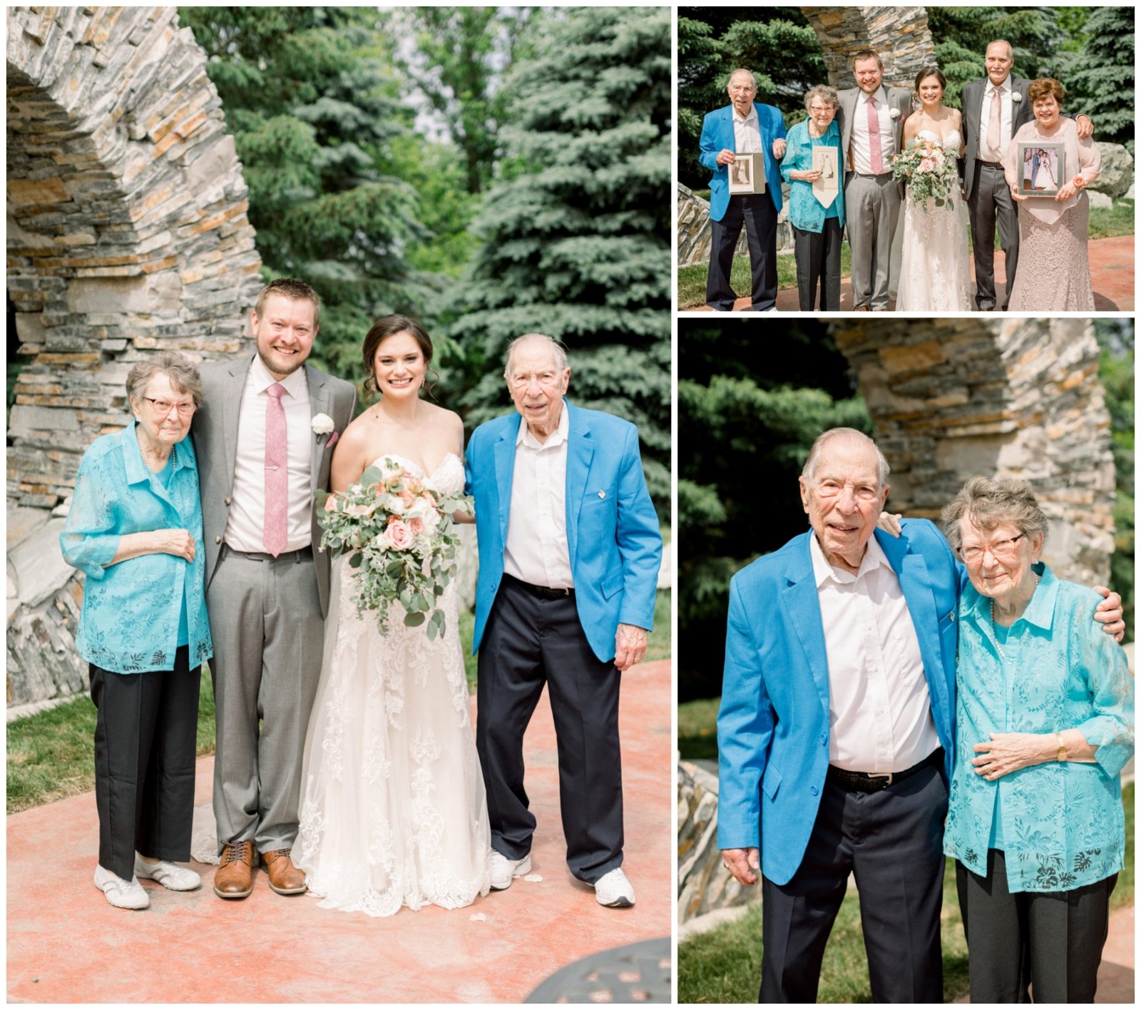 Compilation of photos of the bride and groom with some of their loved ones.
