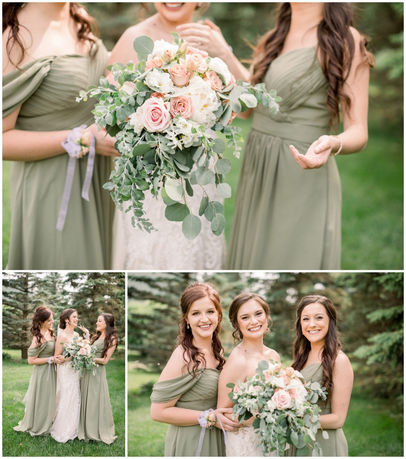 Compilation of photos of the bride and two bridesmaids.