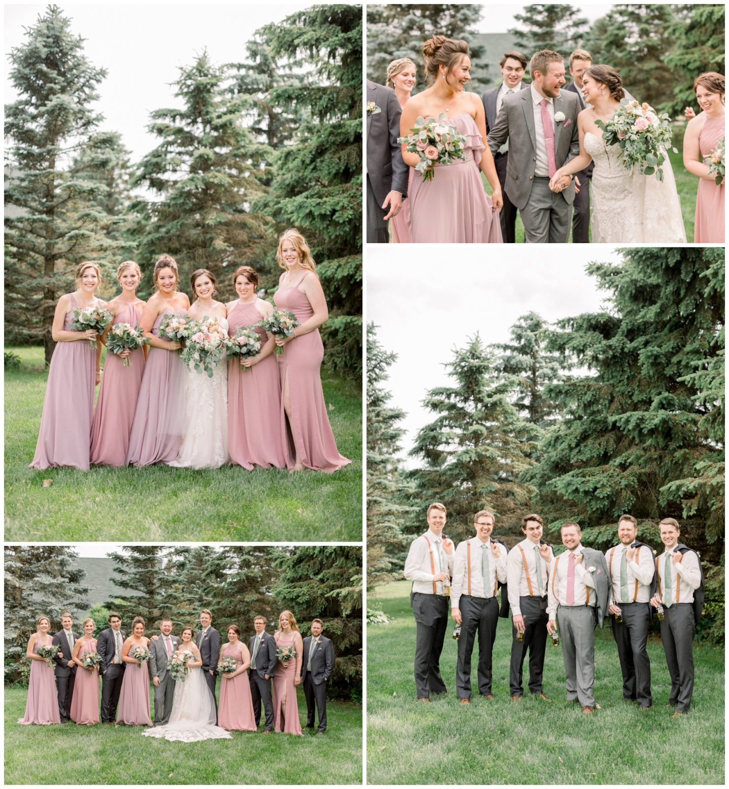 Compilation of photos of the bride with her bridesmaids and the groom with his groomsmen.