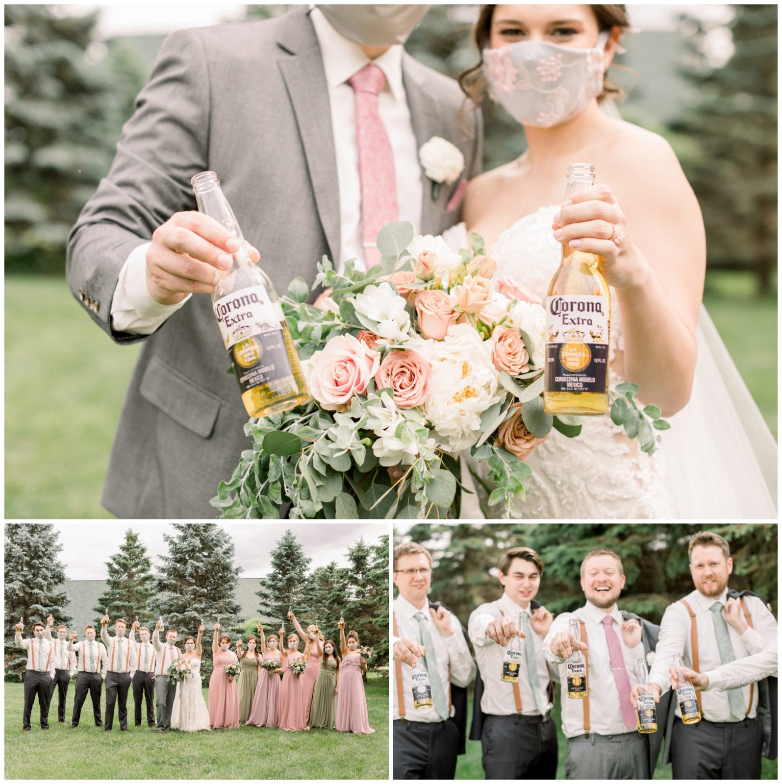 Compilation of photos. One photo of the bride and groom wearing masks and holding two Corona beers. The other one shows the bride, the groom, the bridesmaids and the groomsmen holding up a Corona beer. The last one shows the groom and three groomsmen smiling and holding a Corona beer.