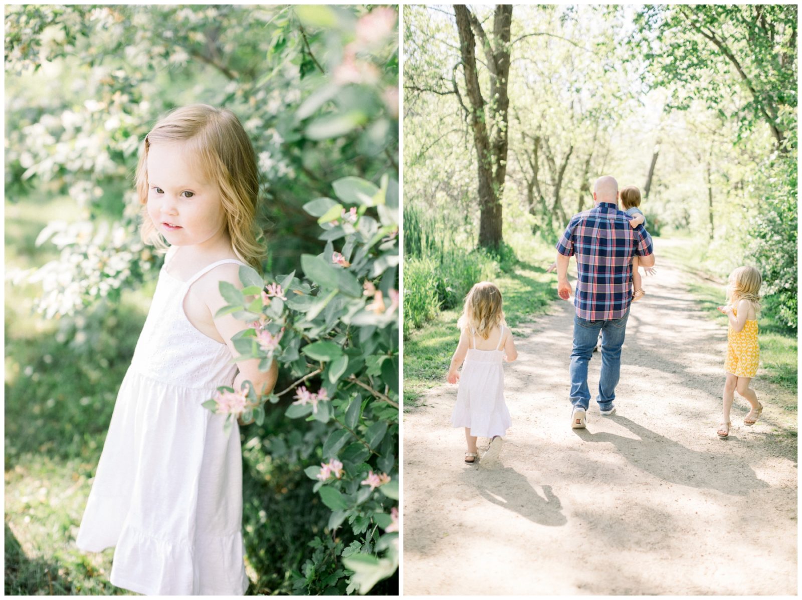 Two photos. One shows a little girl in a white dress. The other shows a father holding one of his daughters and his other two little daughters walking right by his side.