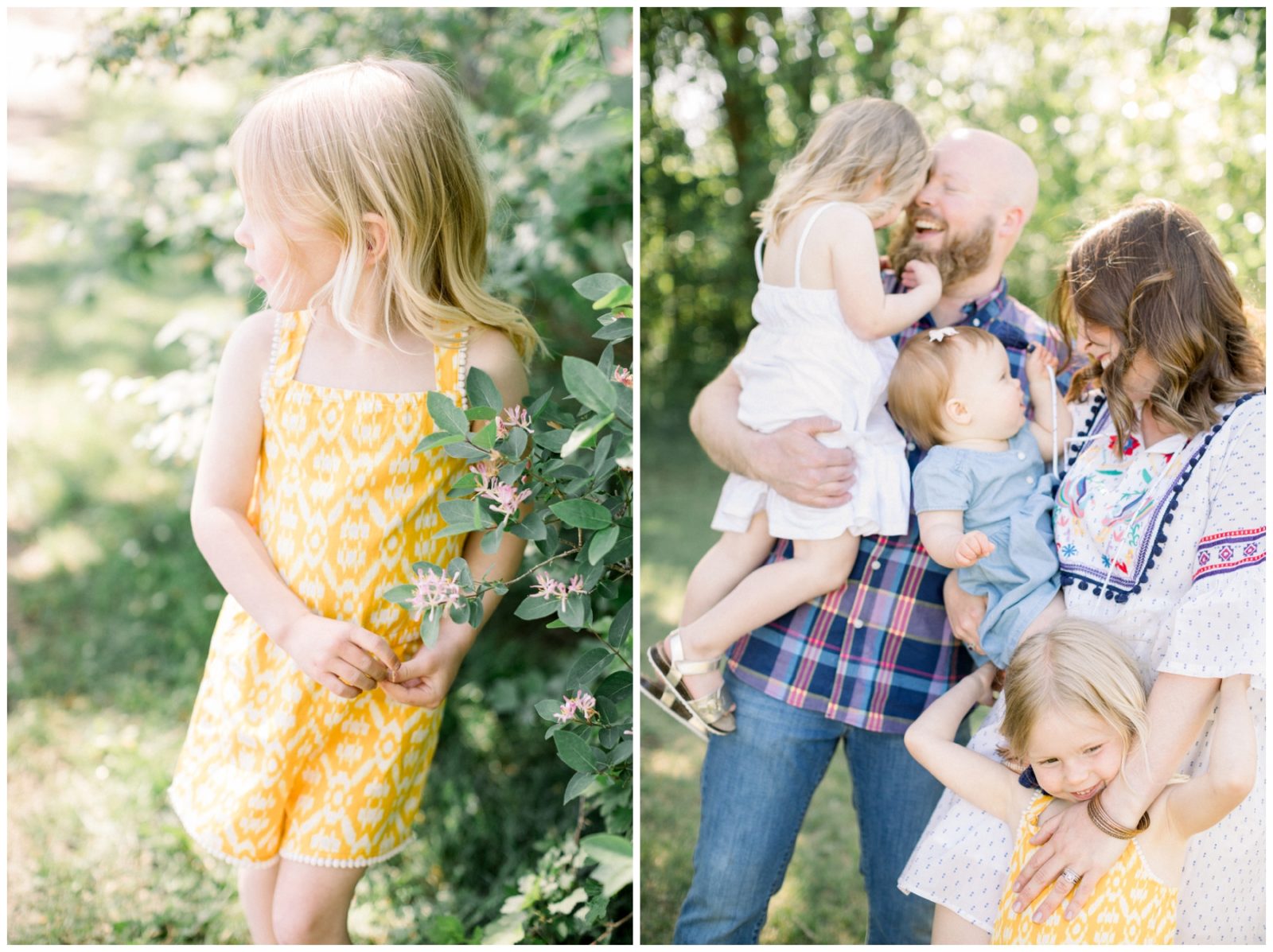 Two phots. One shows a little blonde girl in a yellow dress. The other shows a family together, smiling.