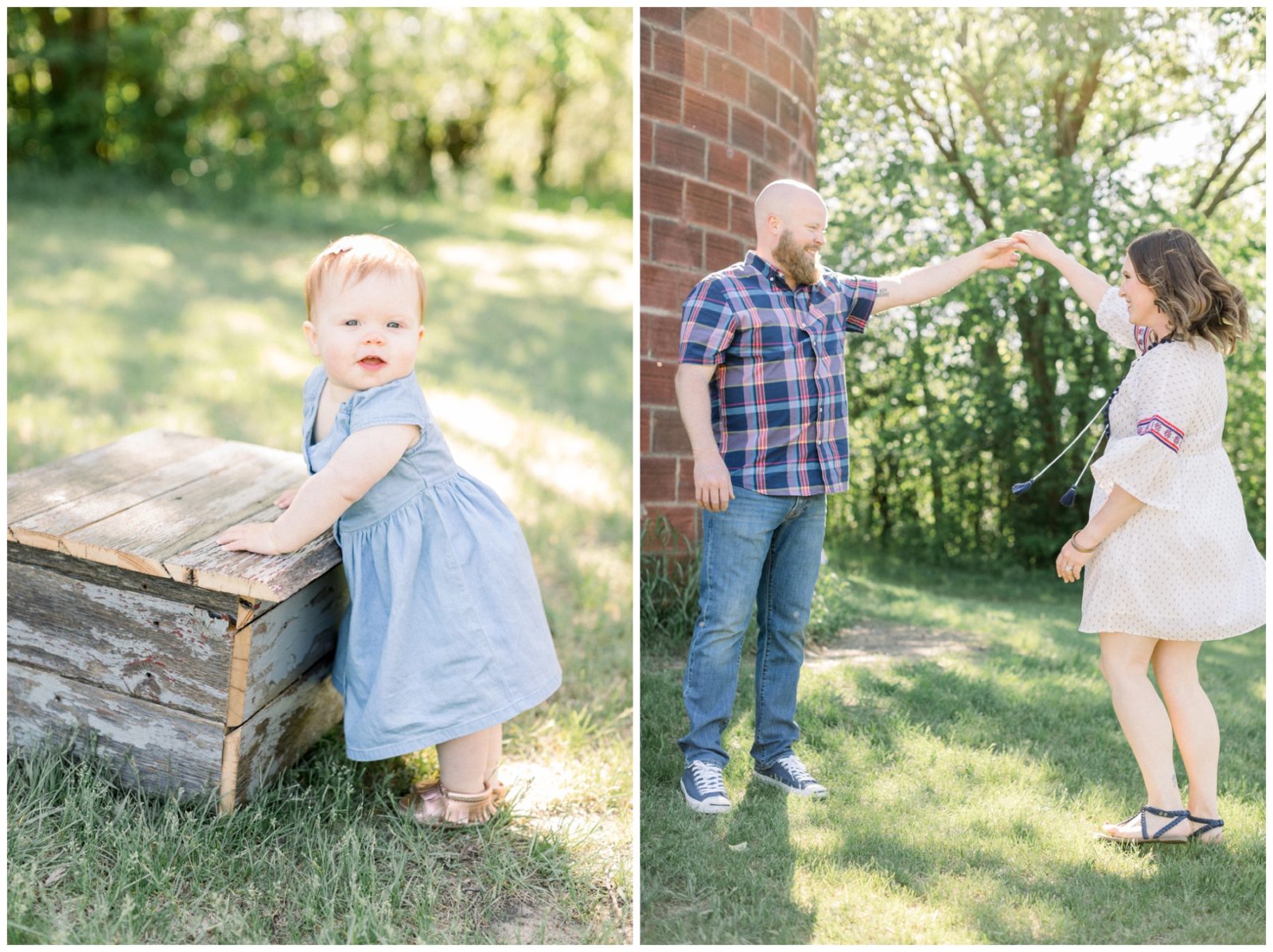 Two photos. One shows a baby girl standing. The other shows a couple dancing.
