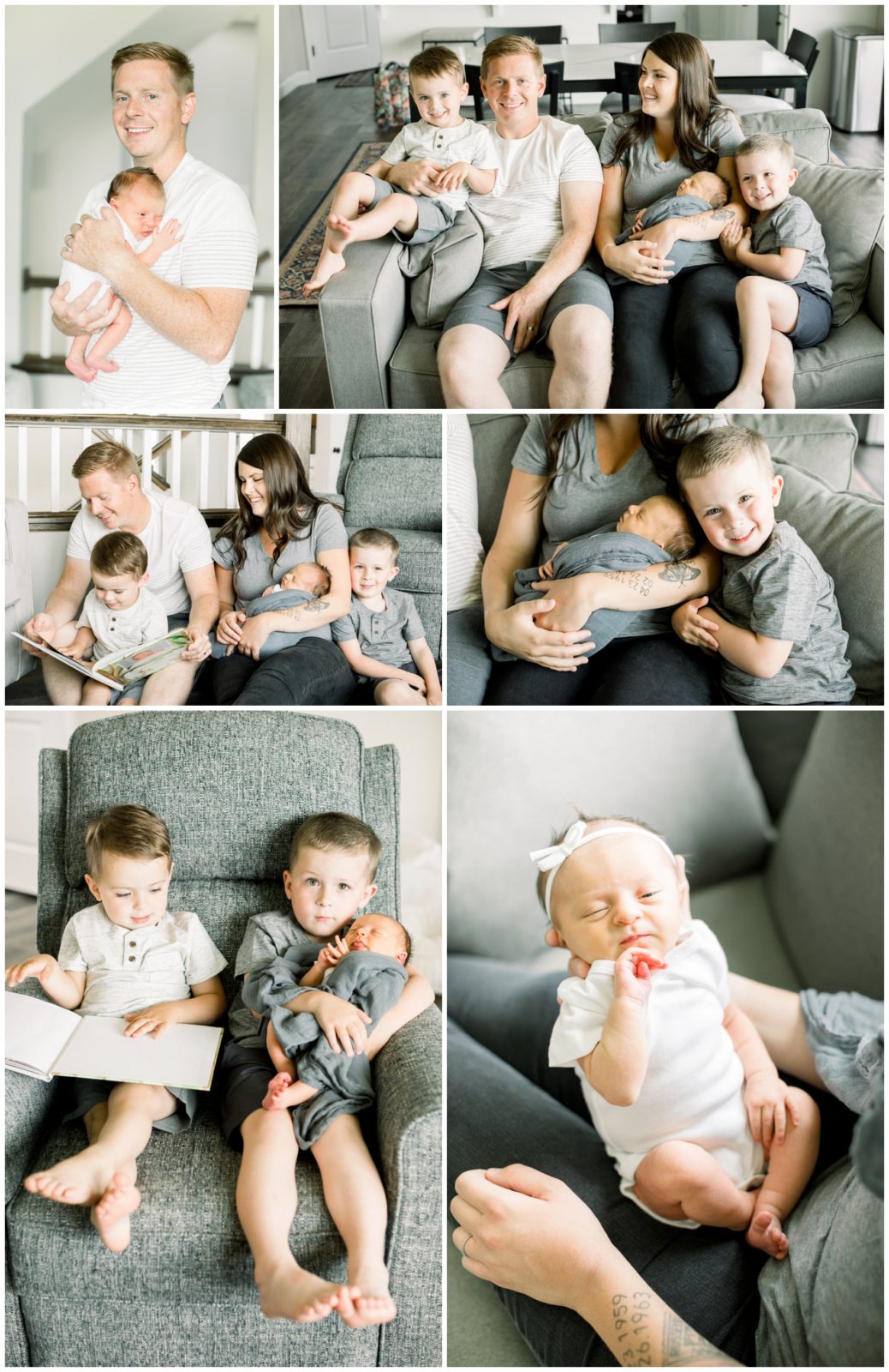 Compilation of photos showing a family with a newborn baby. Shakopee Newborn Photographer. 