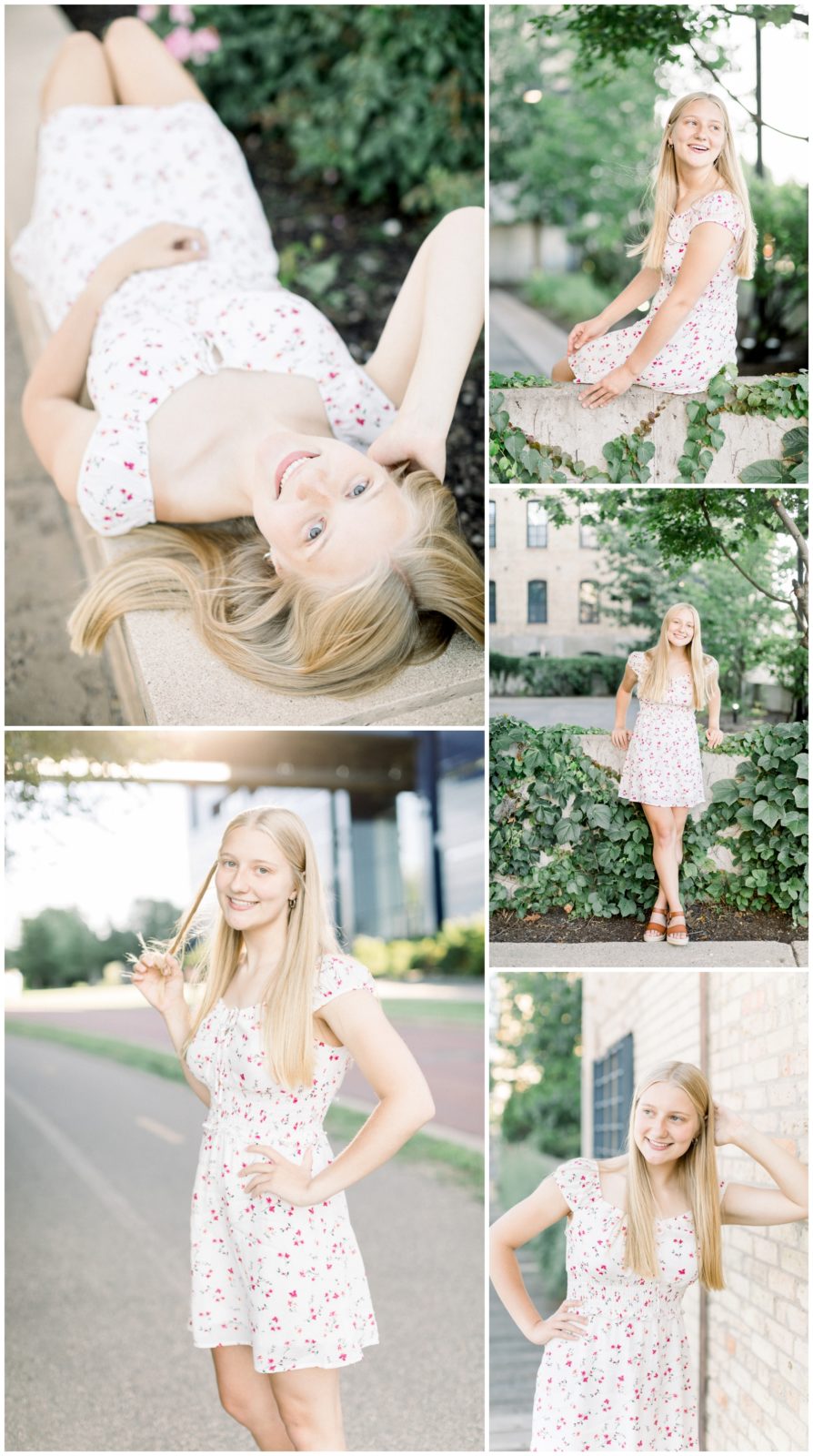 Blonde girl wearing a dress and posing for her senior photos.