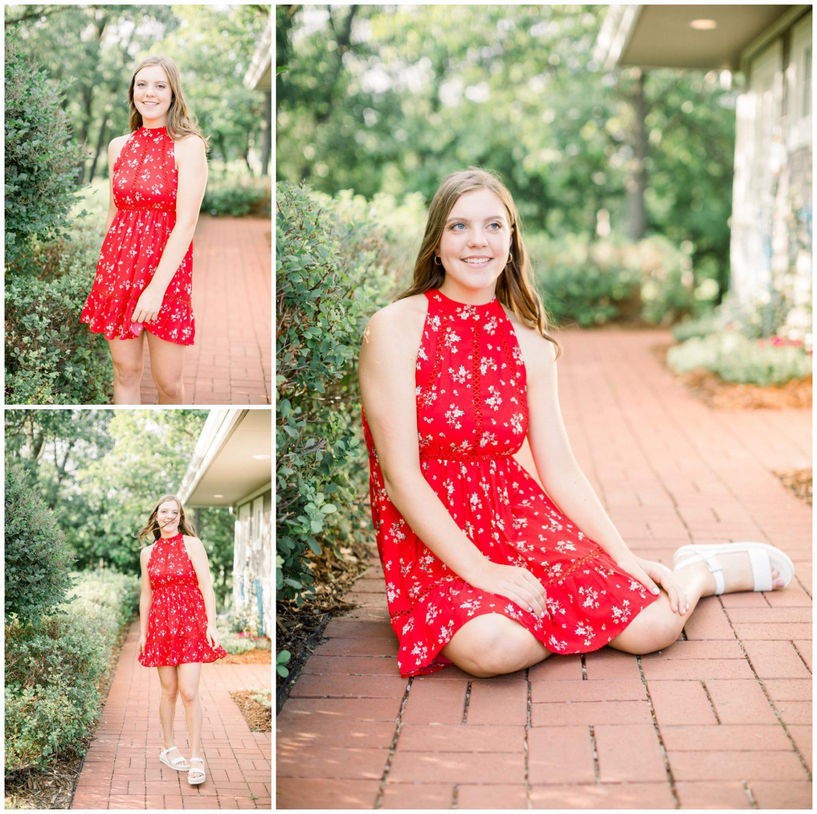 Golden Light Senior Session of a young girl at a park wearing a red dress.