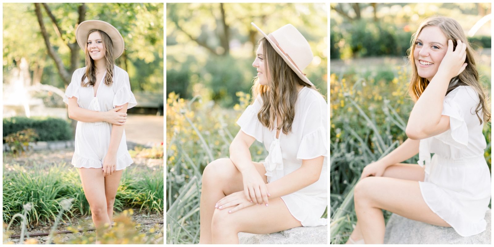 Golden Light Senior Session of a young girl at a park wearing summer clothes and a hat.