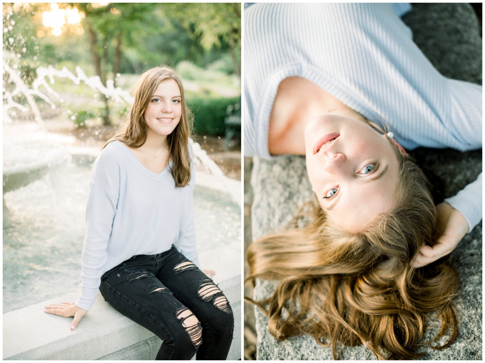 Golden Light Senior Session of a young girl in front of a water fountain and laying down.