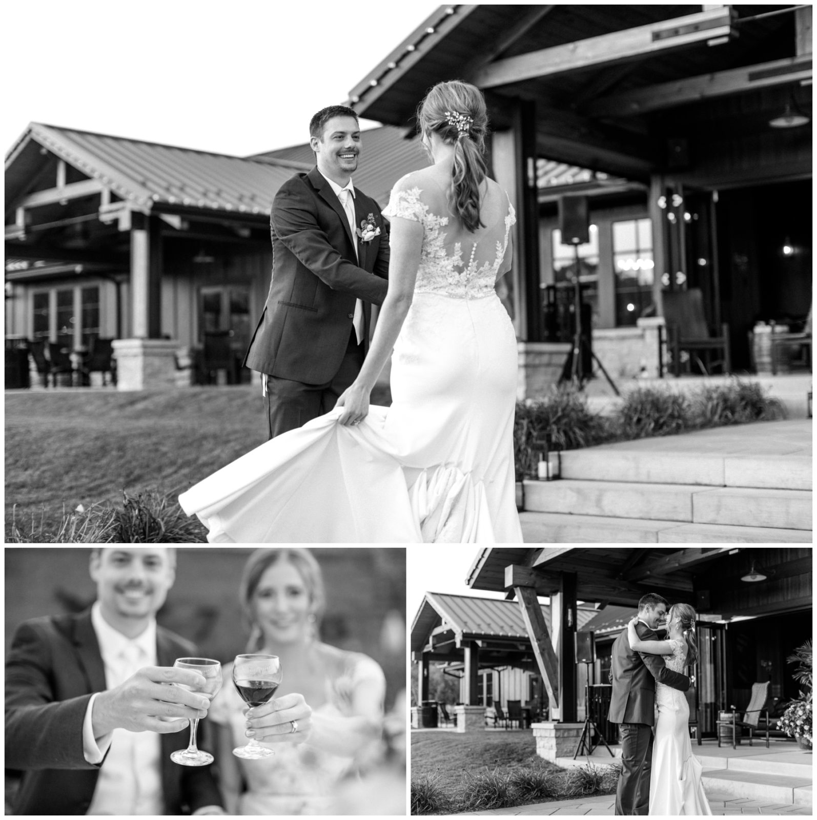 Bride and groom dancing and toasting.