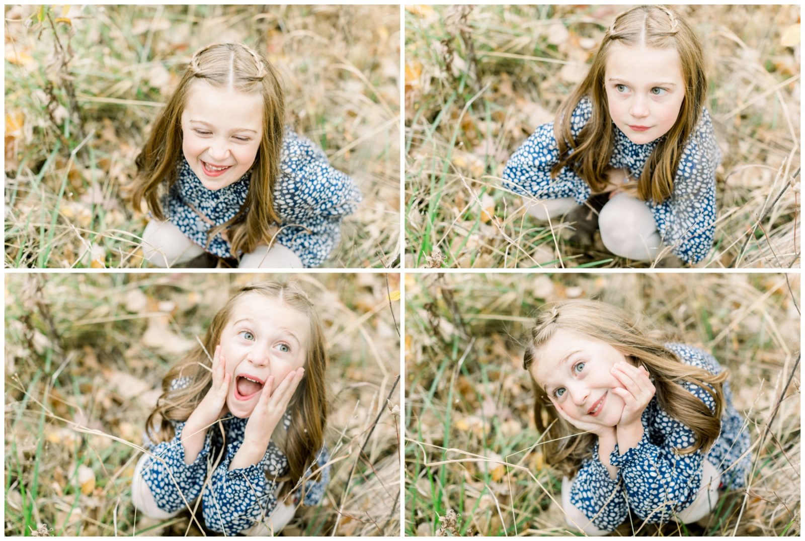 Golden Hour Fall Family Photos, composite of girl with many expressions
